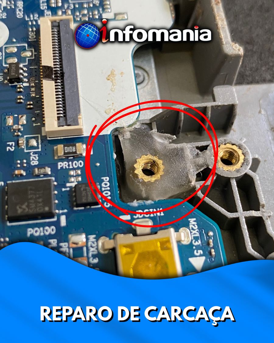 Notebook aberto com reparo da carcaça e insertos de rosca novos