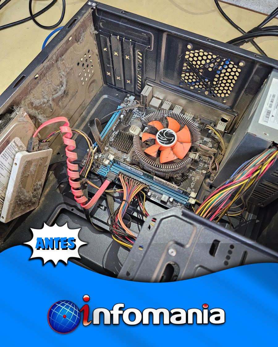 Gabinete de computador cheio de poeira antes da limpeza