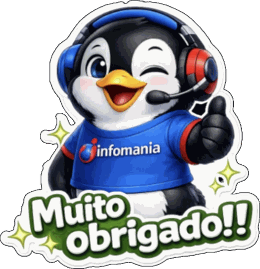 Mascote da Infomania, um pinguim de headset fazendo joinha